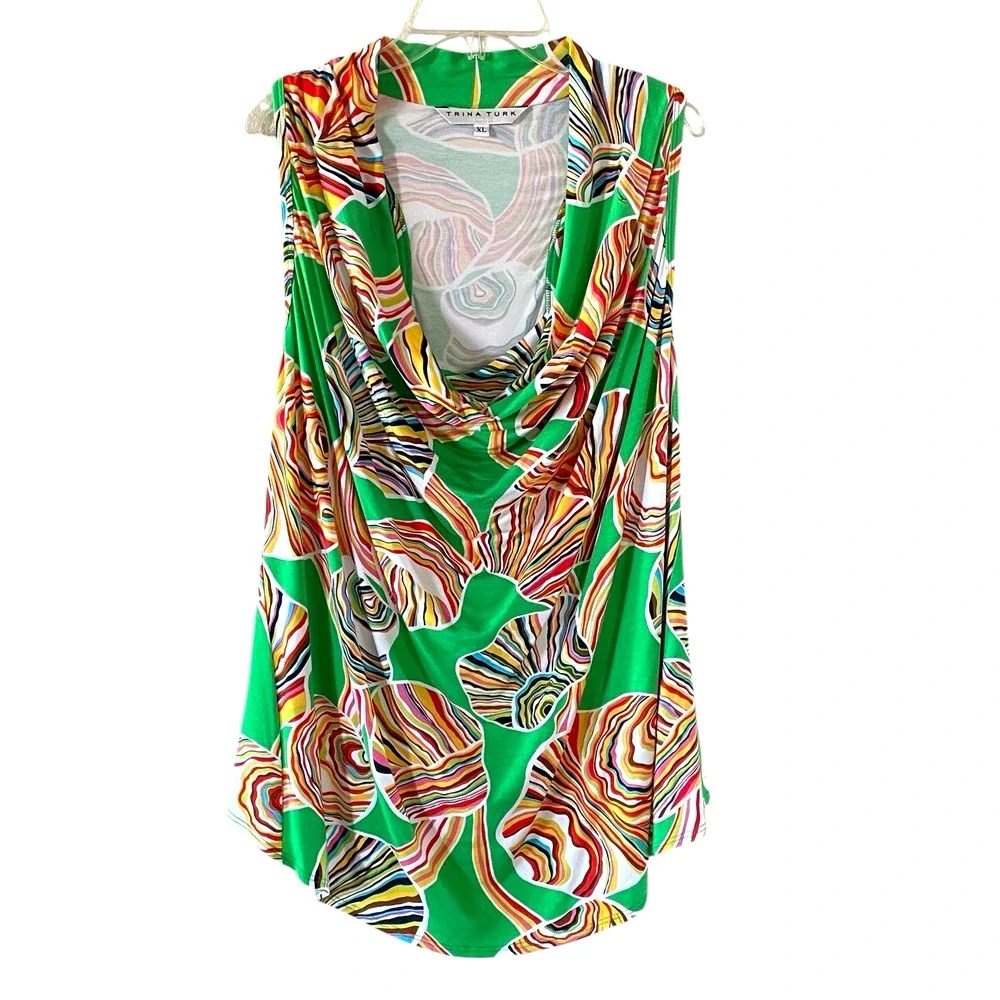 TRINA TURK Size XL Green Abstract Sleeveless Cowl Racerback Pullover Top USA NEW - Picture 1 of 5